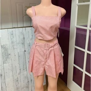 NW GB Gianni Bini Pink & White Check High Rise Belted Pleated Shorts Set Woman L